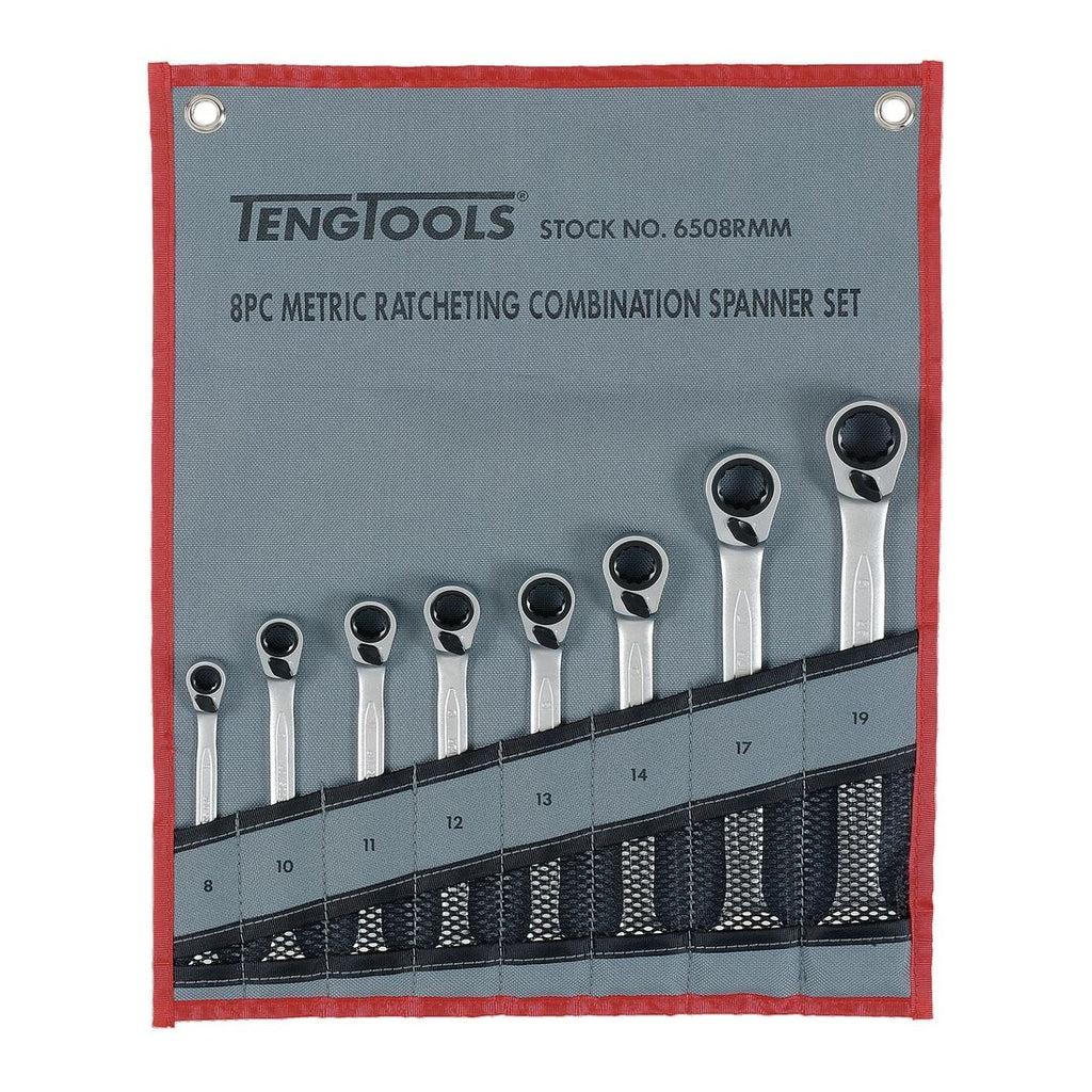 Teng Tools 6508RMM Ratcheting Combination Spanner Set R Tool Roll 8 on a white background