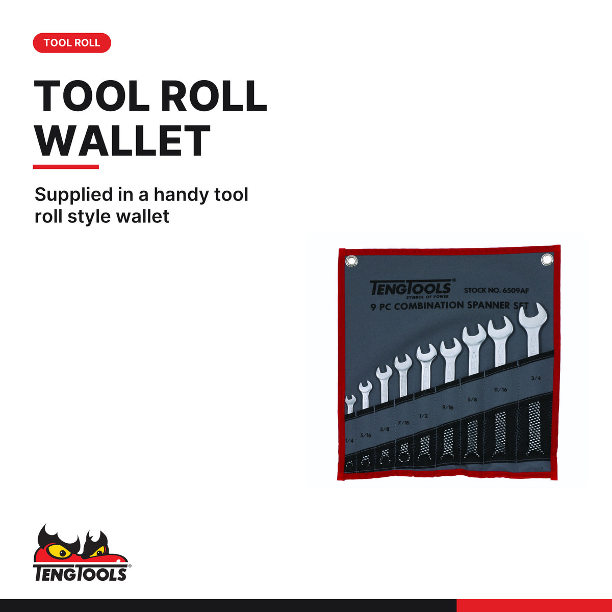 Teng Tools 6509AF Combination Spanner Set 1/4"-3/4" Tool Roll 9 Pieces, supplied in a handy tool roll style wallet