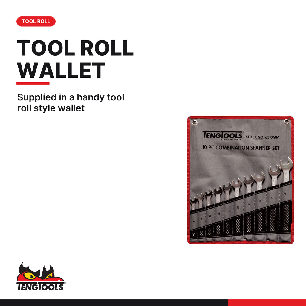 Teng Tools 6510MM Combination Spanner Set 8-19 mm Tool Roll 10 Pieces, supplied in a handy tool roll style wallet