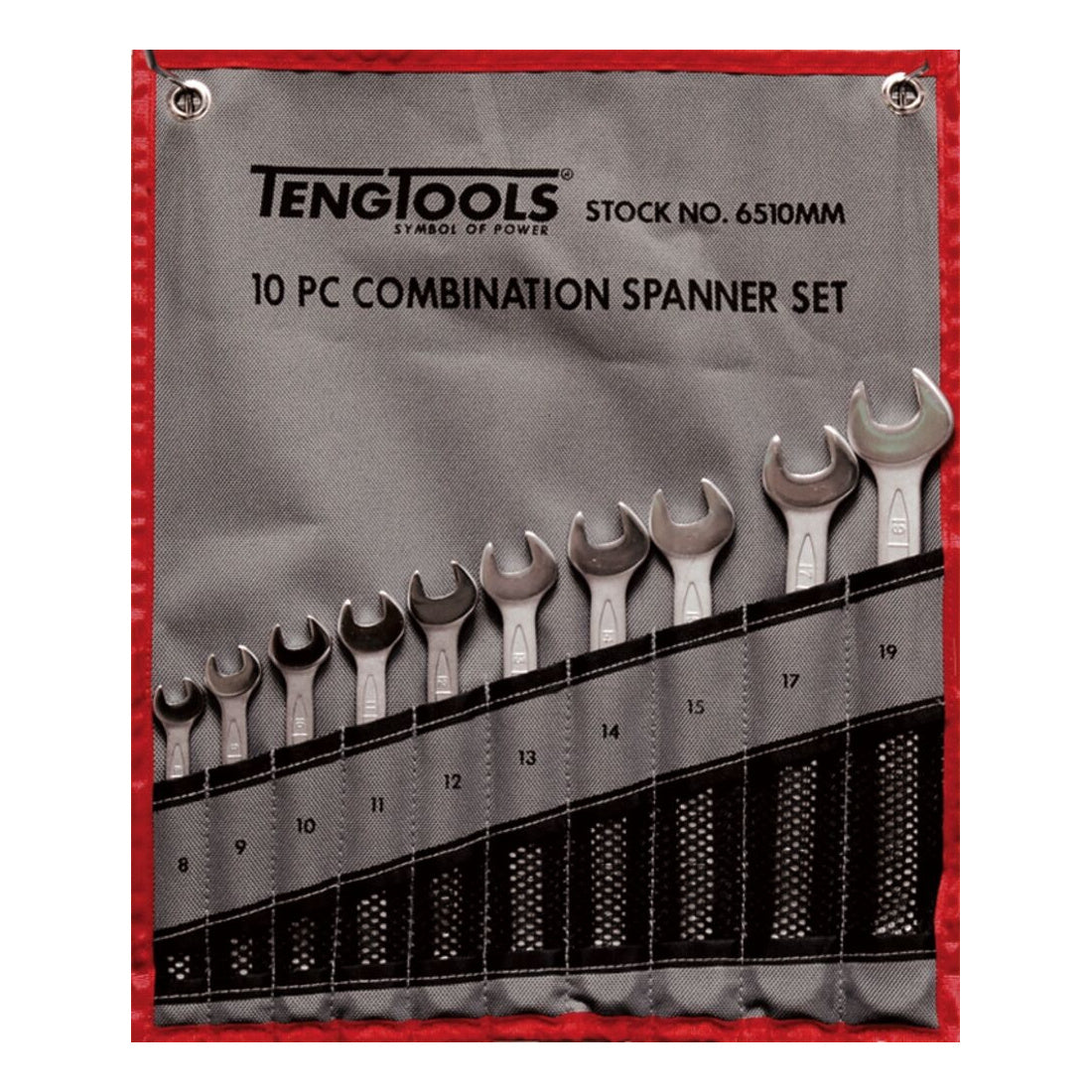 Teng Tools 6510MM Combination Spanner Set 8-19 mm Tool Roll 10 Pieces on a white background