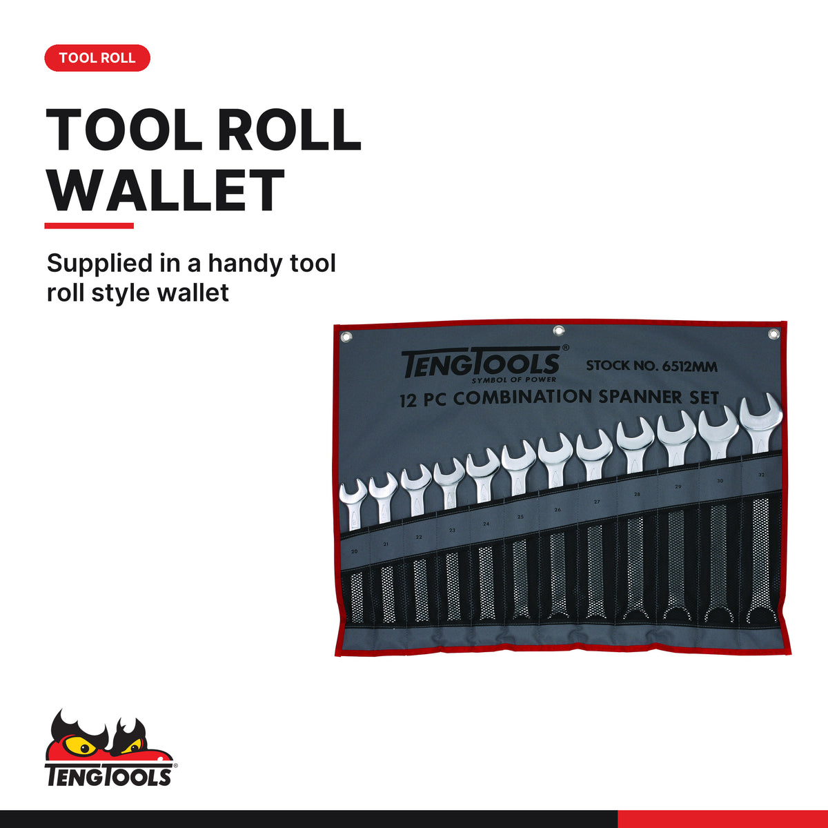 Teng Tools 6512MM Combination Spanner Set 20-32 mm Tool Roll 12 Pieces, supplied in a handy tool roll style wallet