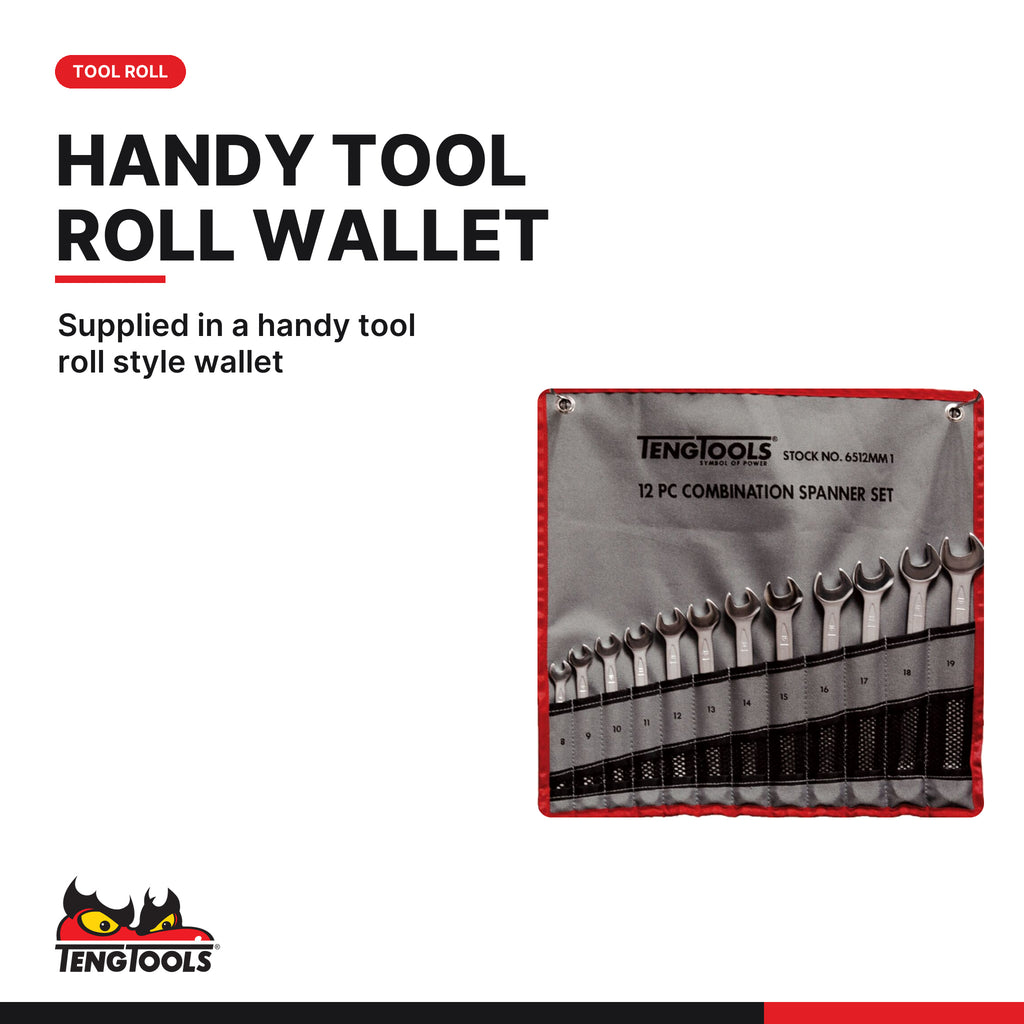 Teng Tools 6512MM1 Combination Spanner Set 8-19 mm Tool Roll 12 Pieces, supplied in a handy tool roll style wallet