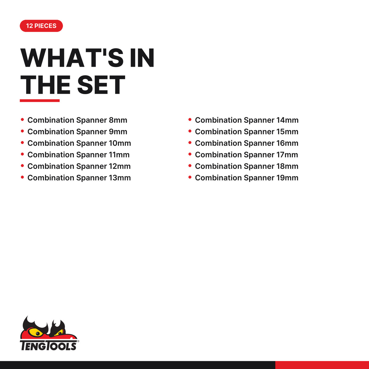 Teng Tools 6512MM1 Combination Spanner Set 8-19 mm Tool Roll 12 Pieces, what's in the set