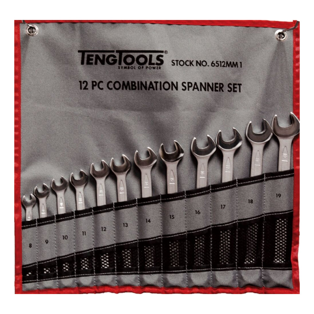 Teng Tools 6512MM1 Combination Spanner Set 8-19 mm Tool Roll 12 Pieces on a white background
