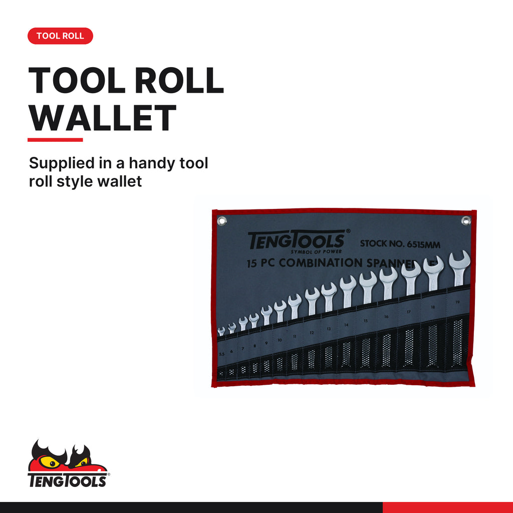 Teng Tools 6515MM Combination Spanner Set 5.5-19 mm Tool Roll 15 Pieces, supplied in a handy tool roll style wallet