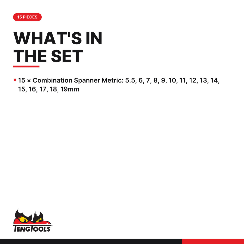 Teng Tools 6515MM Combination Spanner Set 5.5-19 mm Tool Roll 15 Pieces, what's in the set