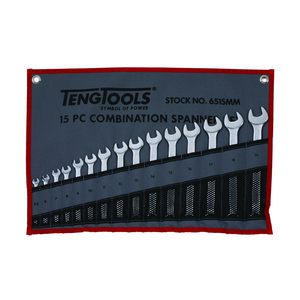 Teng Tools 6515MM Combination Spanner Set 5.5-19 mm Tool Roll 15 Pieces on a white background