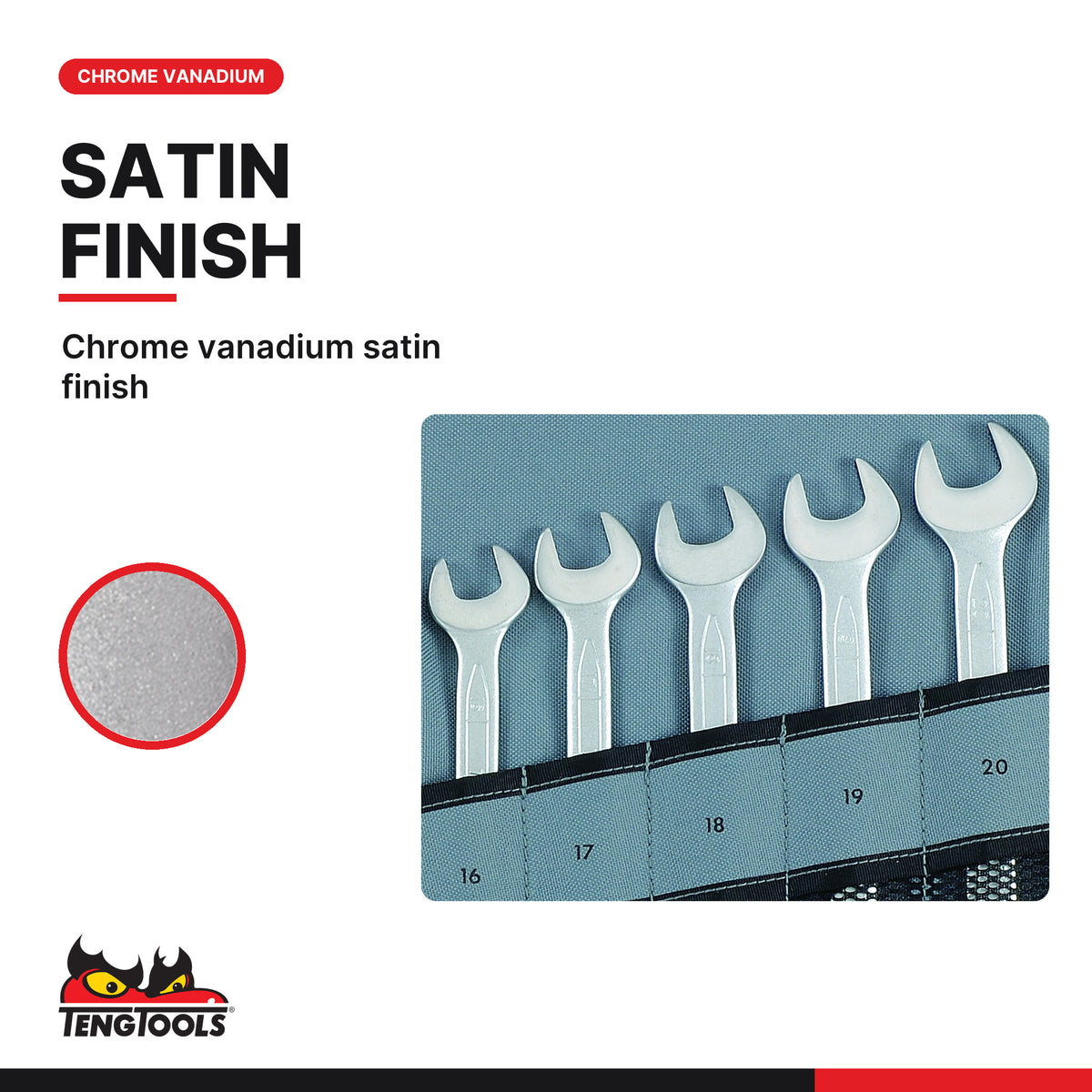 Teng Tools 6517MM Combination Spanner Set 6-22 mm Tool Roll 17 Pieces, chrome vanadium satin finish