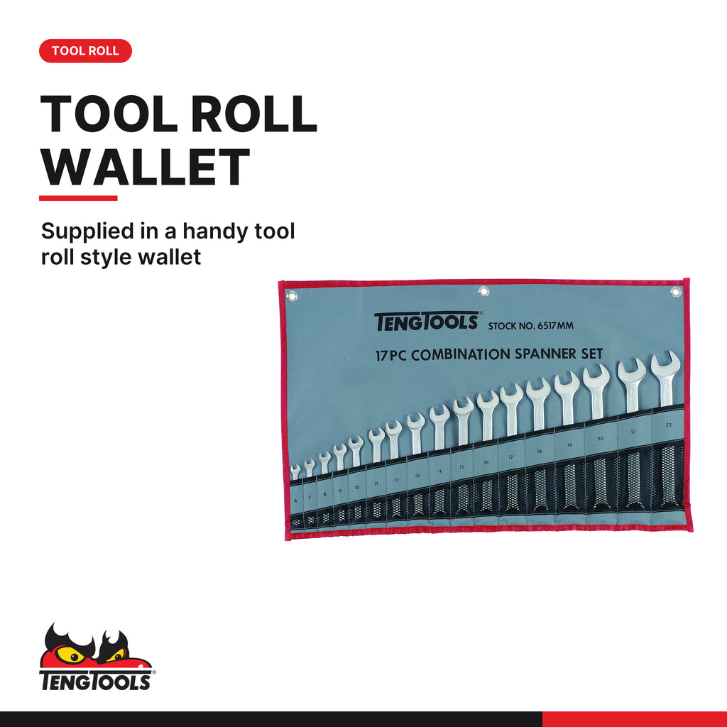 Teng Tools 6517MM Combination Spanner Set 6-22 mm Tool Roll 17 Pieces, supplied in a handy tool roll style wallet