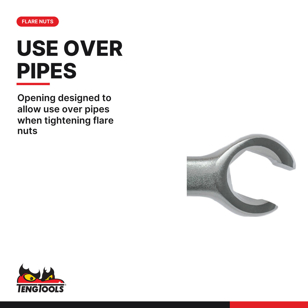 Teng Tools 661416 Flare Nut Wrench 7/16 x 1/2 in, opening designed to allow use over pipes when tightening flare nuts