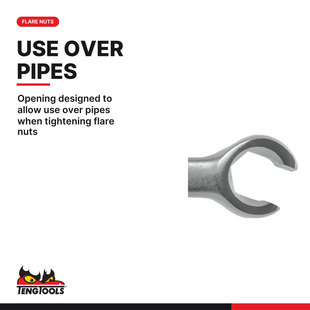 Teng Tools 661416 Flare Nut Wrench 7/16 x 1/2 in, opening designed to allow use over pipes when tightening flare nuts
