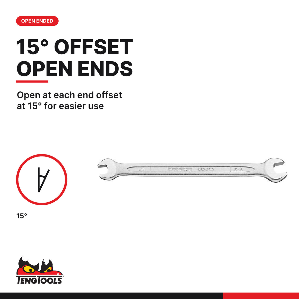 Teng Tools 663032 Double Open Ended Wrench SAE 1/4 × 5/16 in, open at each end offset at 15° for easier use