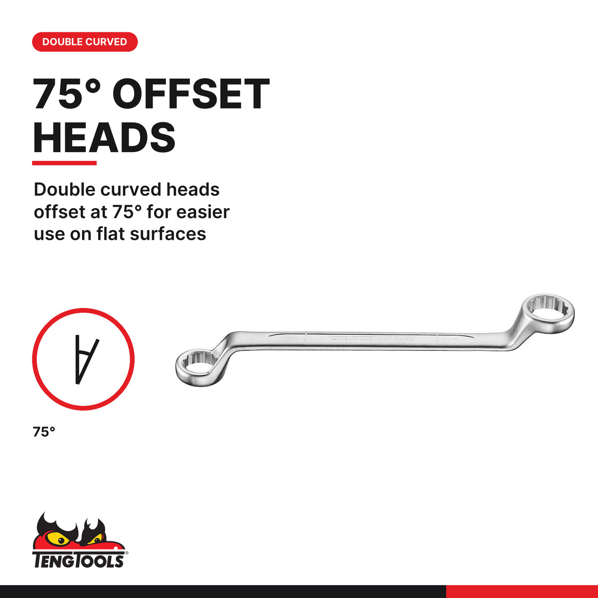 Teng Tools 675052 Large SAE Double Ring Wrench, double curved heads offset at 75° for easier use on flat surfaces