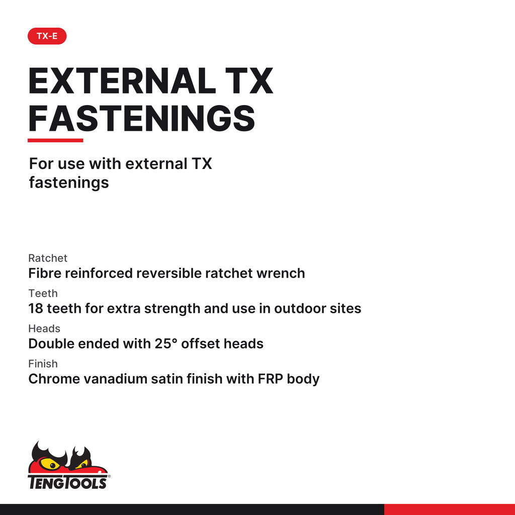 Teng Tools 681820E Ratcheting Offset TX-E Ring Wrench E18 × E20, for use with external TX fastenings