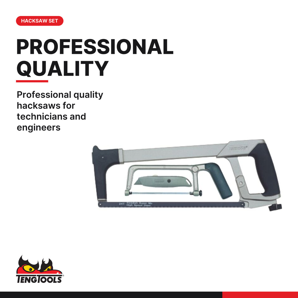 Teng Tools 700-PRO5 3-Piece 24 TPI Hand Saw for Metal and Utility Knife, professional quality hacksaws for technicians and