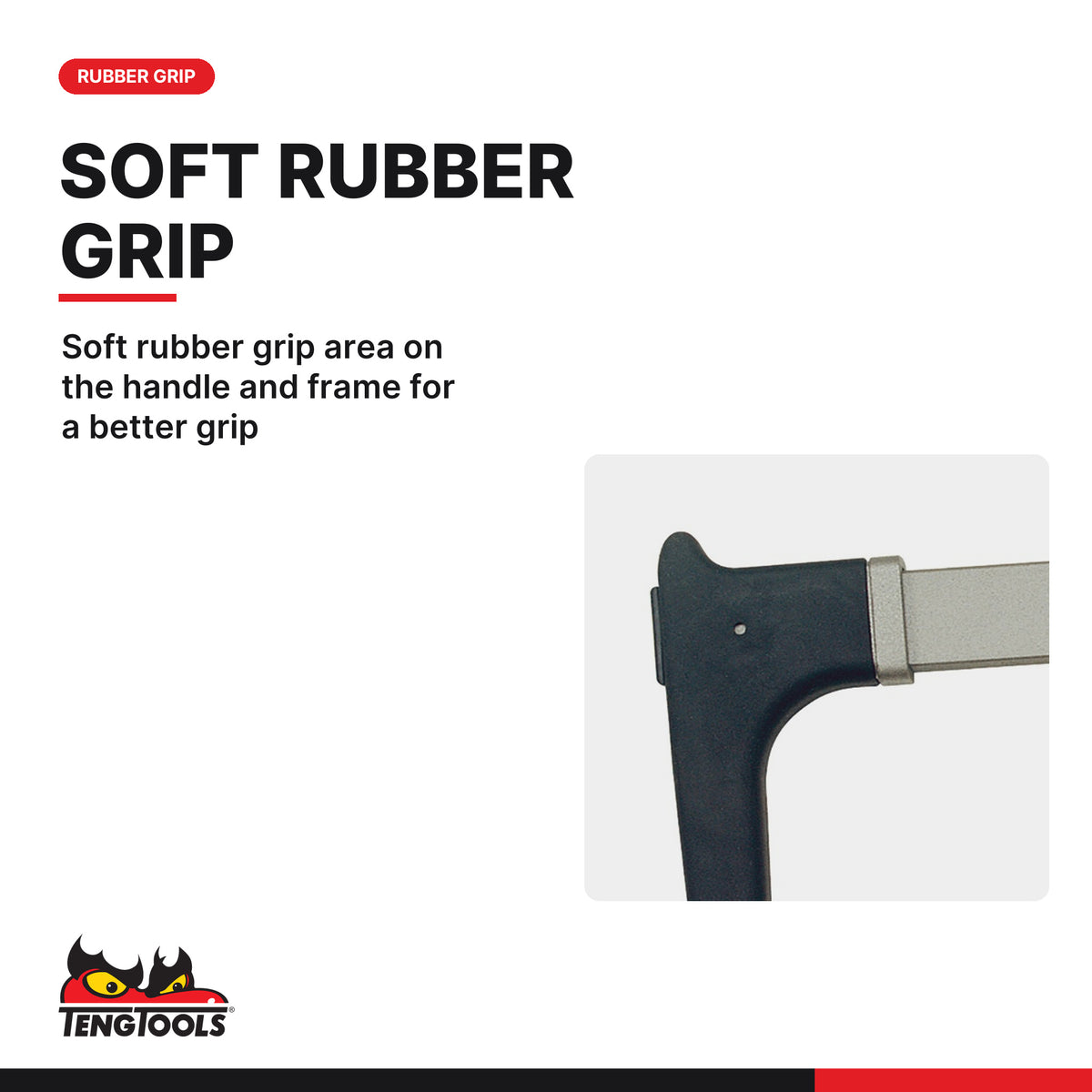 Teng Tools 701 24 TPI Metal-Cutting Hand Saw, soft rubber grip area on the handle and frame for a better grip
