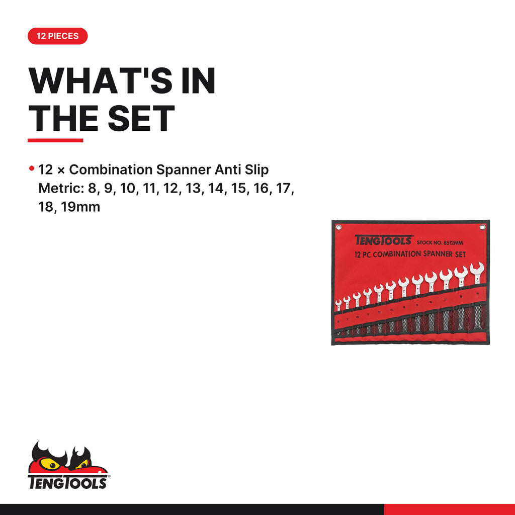 Teng Tools 8512MM Combination Spanner Set Anti Slip Tool Roll 12 Pieces, what's in the set