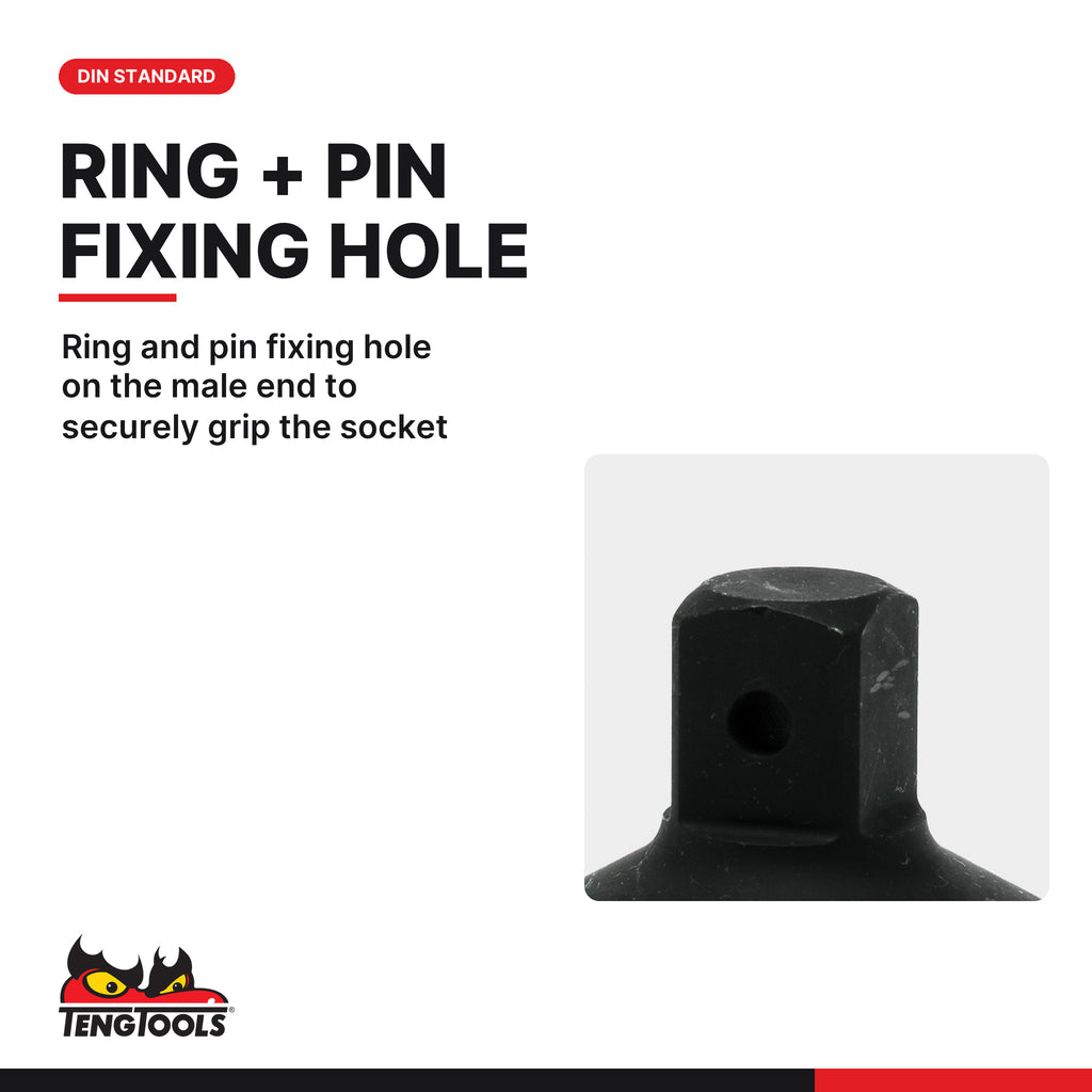 Teng Tools 910086 1 Inch Female: 3/4 Inch Drive Male Adaptor, ring and pin fixing hole on the male end to securely grip the