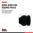 Teng Tools 910732 1 in Drive 32 mm 6 Point Extra Long Deep Impact Socket, ring and pin fixing hole on the female end to