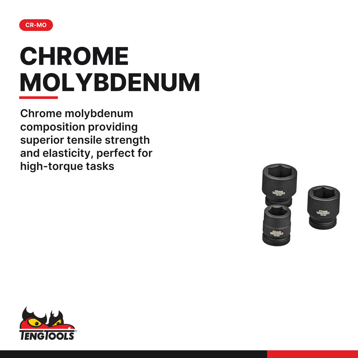 Teng Tools 9113 1" Impact Cr-Mo socket set with case DIN 27-50mm, chrome molybdenum composition providing superior tensile
