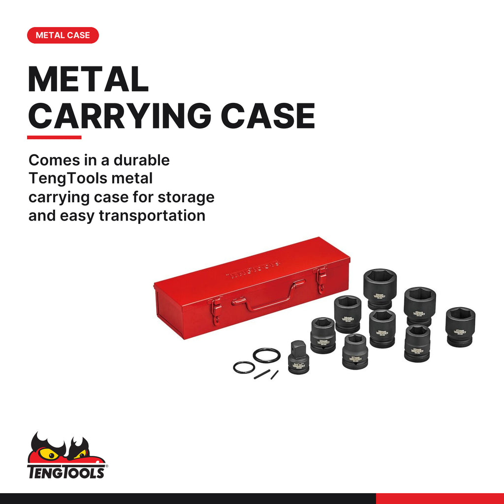 Teng Tools 9113 1" Impact Cr-Mo socket set with case DIN 27-50mm, comes in a durable TengTools metal carrying case for