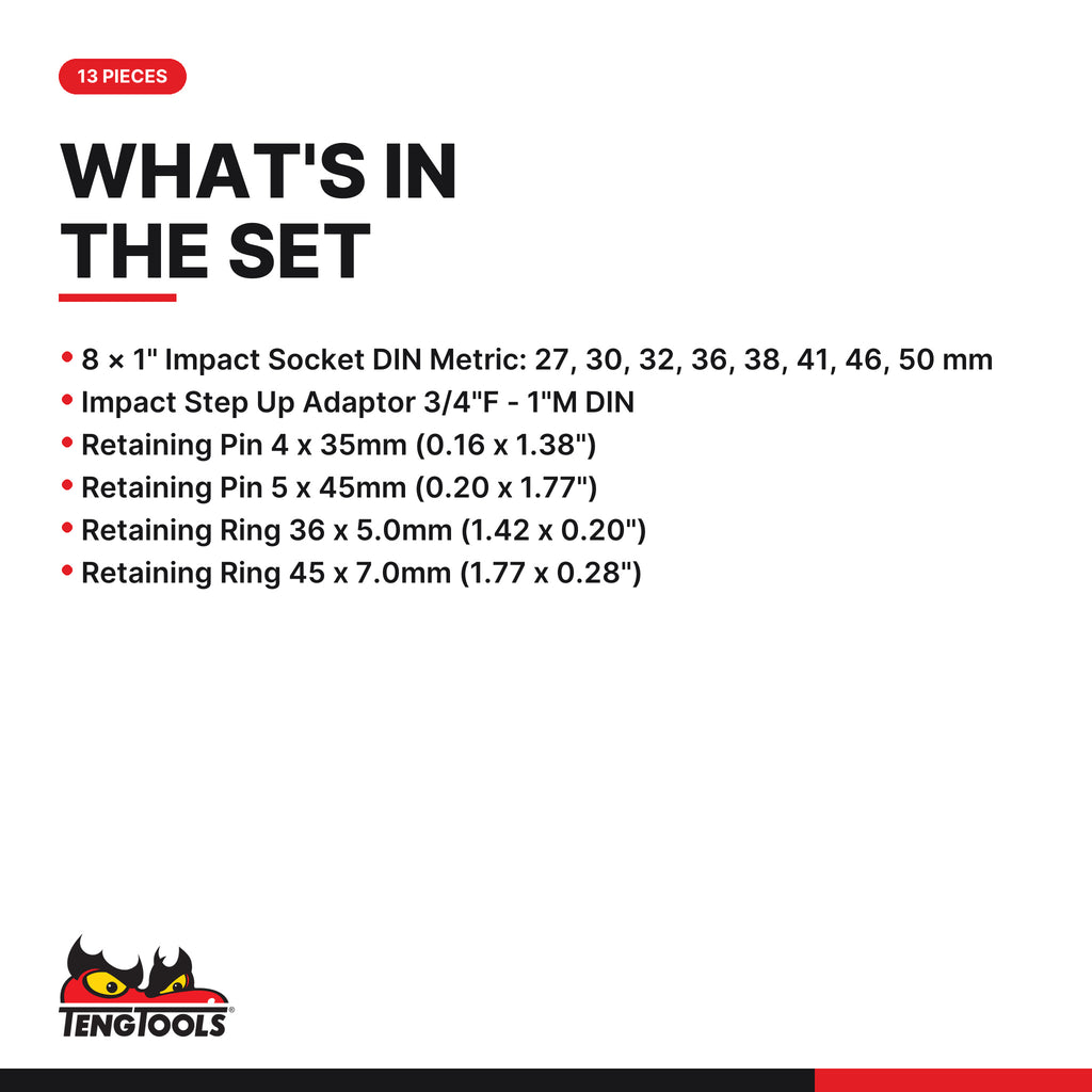 Teng Tools 9113 1" Impact Cr-Mo socket set with case DIN 27-50mm, what's in the set