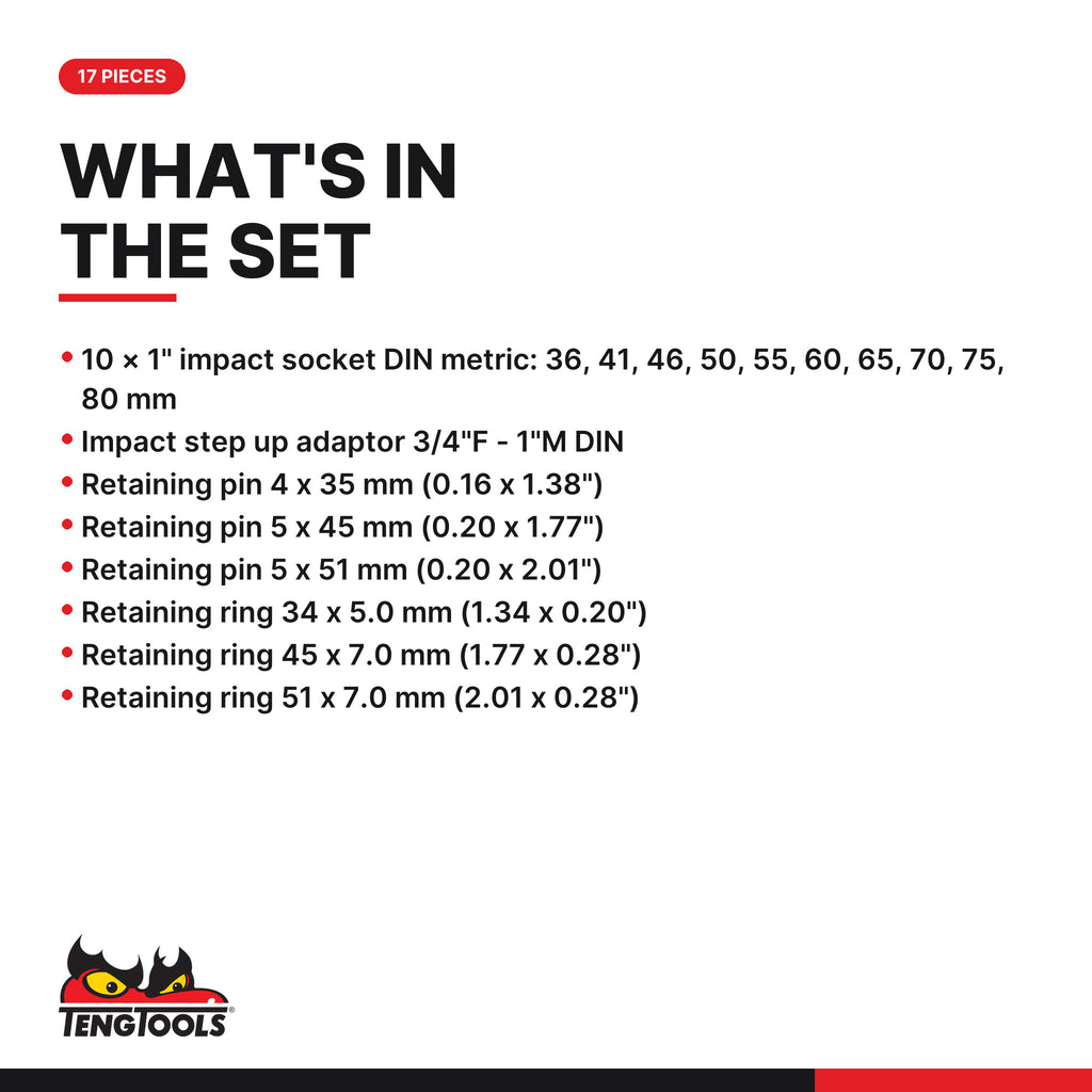 Teng Tools 9117 1" Impact Cr-Mo socket set with case DIN 36-80mm, what's in the set