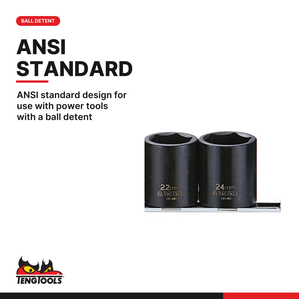 Teng Tools 9121 1/2" Impact Socket Clip Rail Set ANSI 10 Pieces, ANSI standard design for use with power tools with a ball