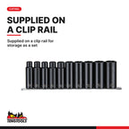 Teng Tools 9126 1/2" Deep Impact Socket Clip Rail Set ANSI 10 Pieces, supplied on a clip rail for storage as a set