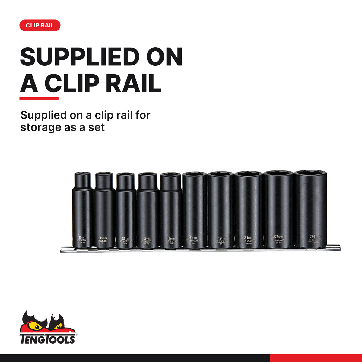 Teng Tools 9126 1/2" Deep Impact Socket Clip Rail Set ANSI 10 Pieces, supplied on a clip rail for storage as a set