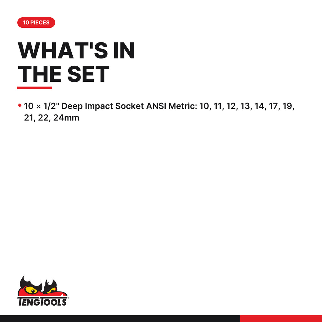 Teng Tools 9126 1/2" Deep Impact Socket Clip Rail Set ANSI 10 Pieces, what's in the set