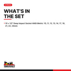 Teng Tools 9126 1/2" Deep Impact Socket Clip Rail Set ANSI 10 Pieces, what's in the set