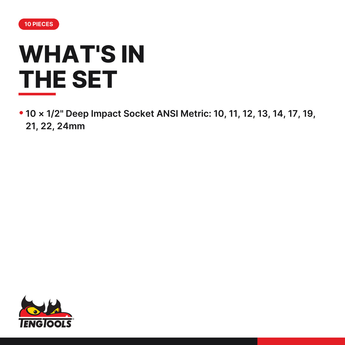 Teng Tools 9126 1/2" Deep Impact Socket Clip Rail Set ANSI 10 Pieces, what's in the set