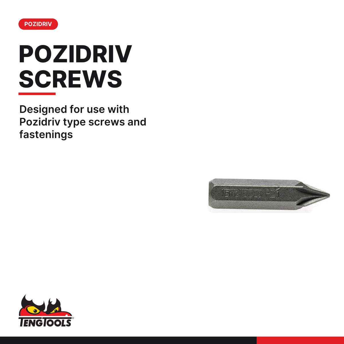 Teng Tools 920001 PZ1 Pozidriv Impact Driver Bit, designed for use with Pozidriv type screws and fastenings