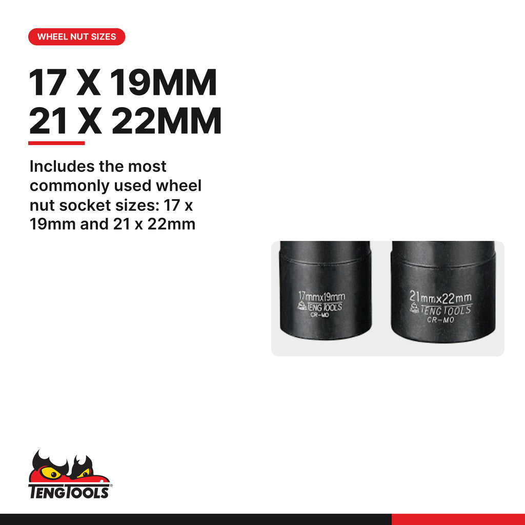 Teng Tools 9203N1 1/2 Drive Double Ended Impact Socket Set, includes the most commonly used wheel nut socket sizes: 17 x