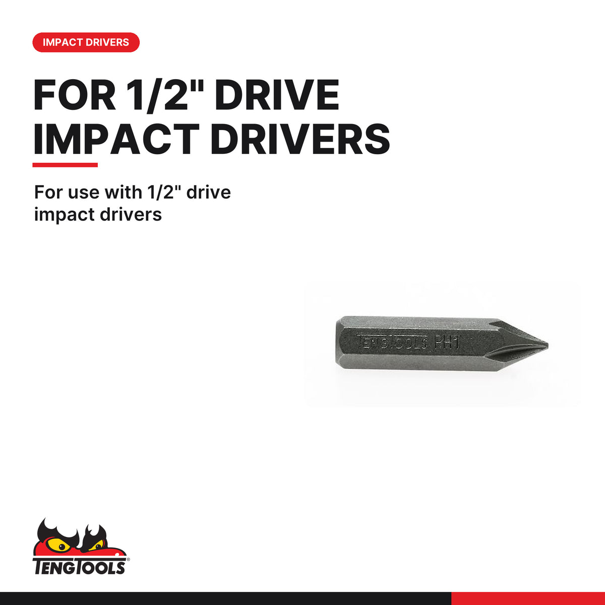 Teng Tools 930001 PH1 Phillips Impact Screwdriver Bit, for use with 1/2" drive impact drivers