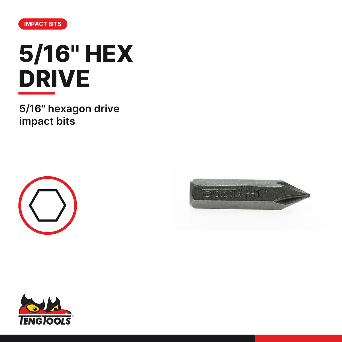 Teng Tools 930001 PH1 Phillips Impact Screwdriver Bit, 5/16" hexagon drive impact bits