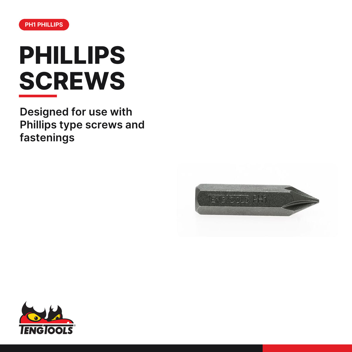 Teng Tools 930001 PH1 Phillips Impact Screwdriver Bit, designed for use with Phillips type screws and fastenings