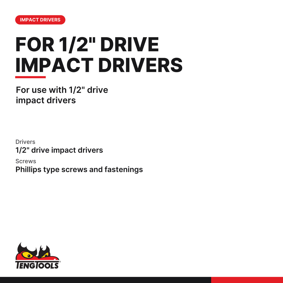 Teng Tools 930002 PH2 Phillips Impact Screwdriver Bit, for use with 1/2" drive impact drivers