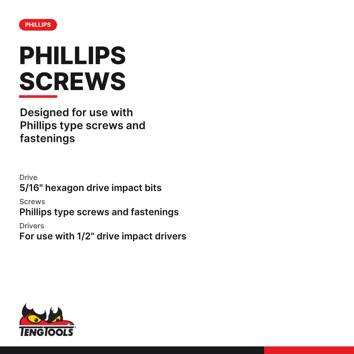 Teng Tools 930003 PH3 Phillips Impact Screwdriver Bit, designed for use with Phillips type screws and fastenings