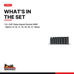 Teng Tools 9386 3/8" Deep Impact Socket Clip Rail Set ANSI 8 Pieces, what's in the set