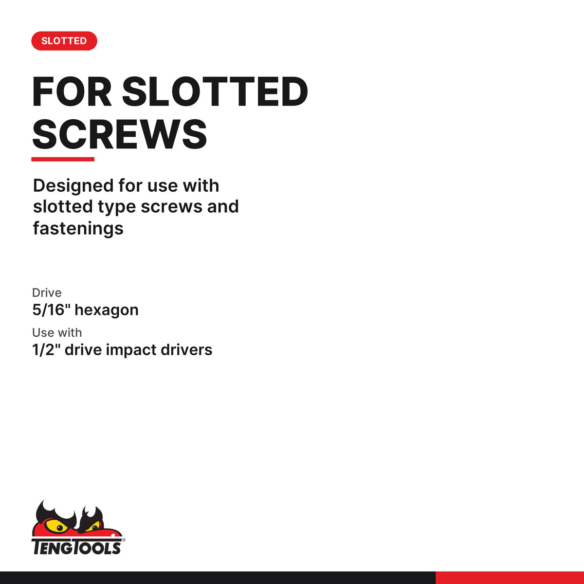 Teng Tools 940006 6-12 mm Flat Tip Power Bit, designed for use with slotted type screws and fastenings