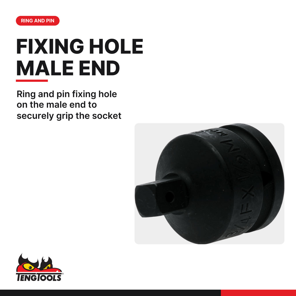 Teng Tools 940037-C Impact Socket Adapter 3/4 Inch Drive Female to 1/2, ring and pin fixing hole on the male end to securely