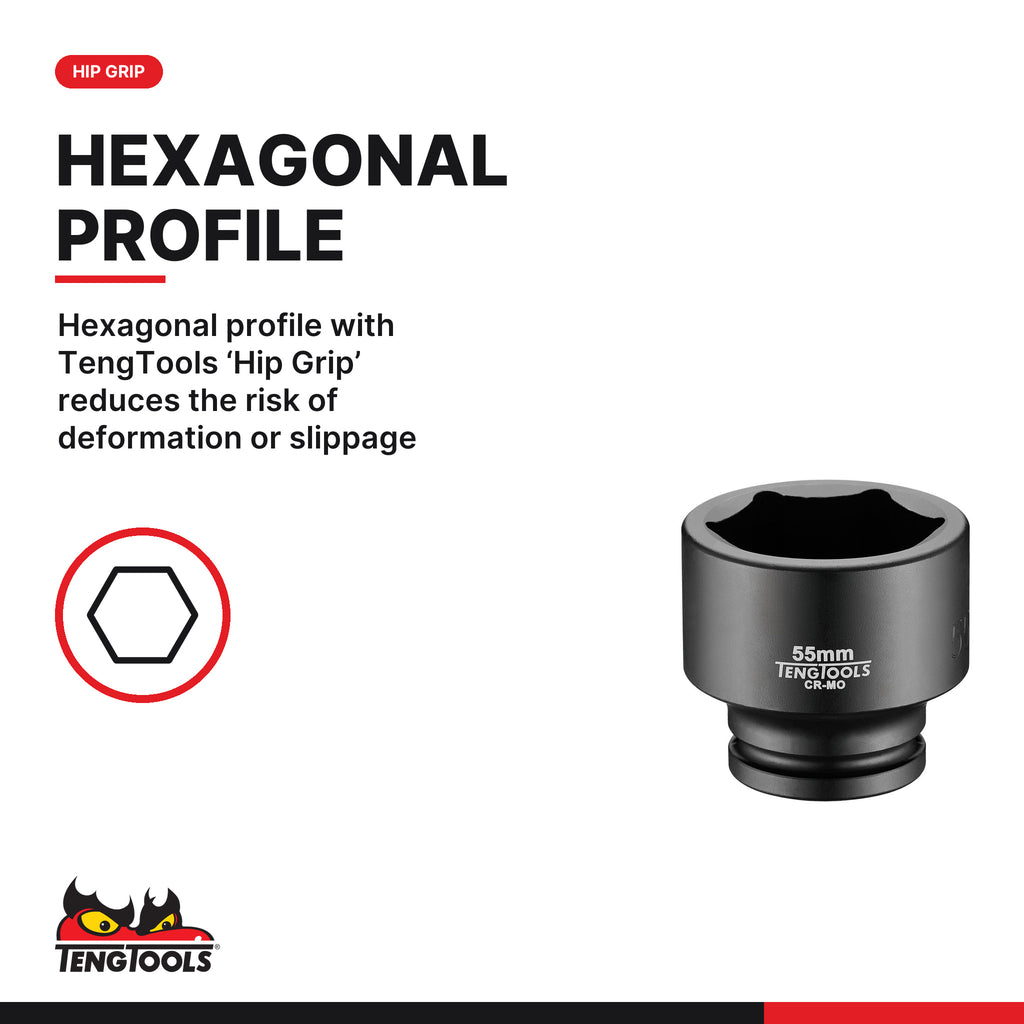 Teng Tools 940555-C 3/4″ impact socket DIN metric 55 mm, hexagonal profile with TengTools ‘Hip Grip’ reduces the risk of