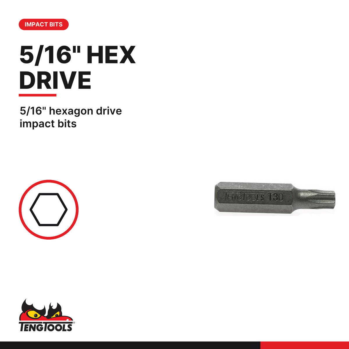 Teng Tools 970050 5/16 Inch TX Impact Driver Bit, 5/16" hexagon drive impact bits