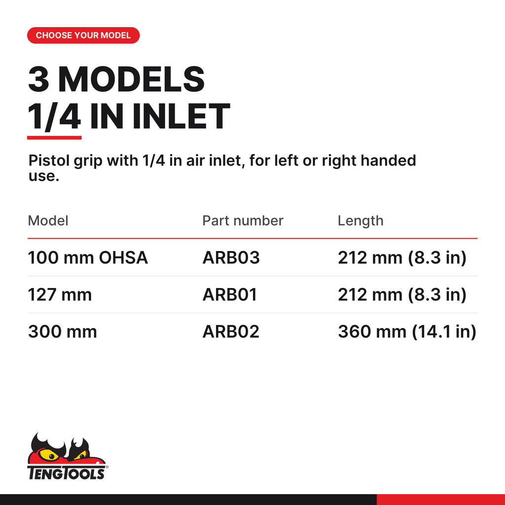 Teng Tools air blow gun, 1/4 in air inlet, three models 100 mm OHSA, 127 mm and 300 mm, part numbers ARB03, ARB01 and ARB02