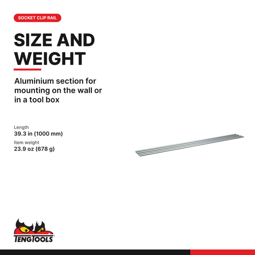 Teng Tools ALU1000-4 1 Metre Four Track Aluminium Socket Rail, aluminium section for mounting on the wall or in a tool box