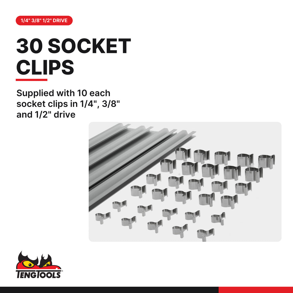 Teng Tools ALU450 Socket Clip Rail Set, Socket Rail with Socket Clips, supplied with 10 each socket clips in 1/4", 3/8" and