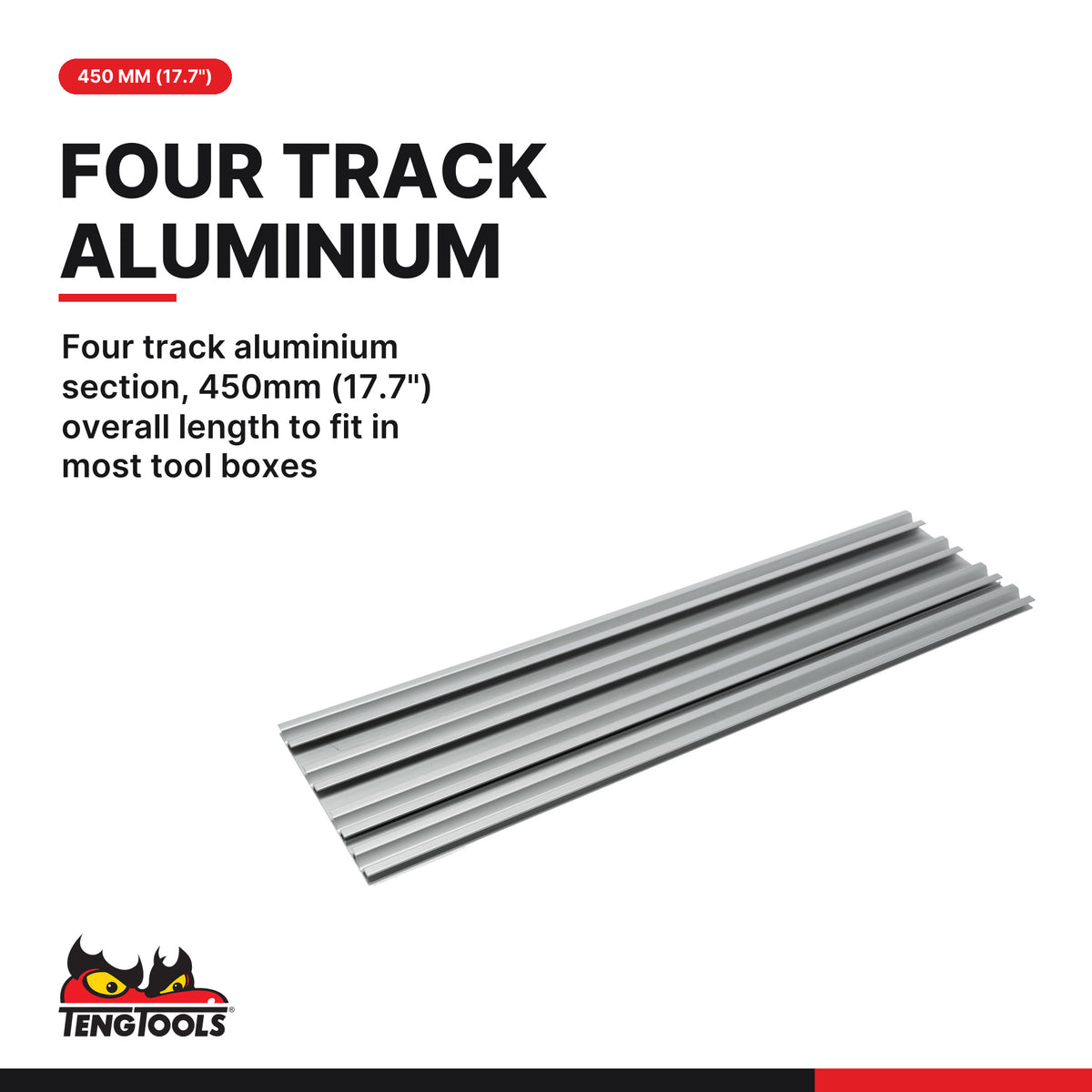 Teng Tools ALU450 Socket Clip Rail Set, Socket Rail with Socket Clips, four track aluminium section, 450mm (17.7") overall