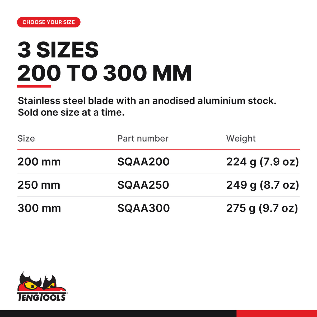 Teng Tools aluminium try square, 200 to 300 mm, three sizes 200, 250 and 300 mm, part numbers SQAA200 to SQAA300